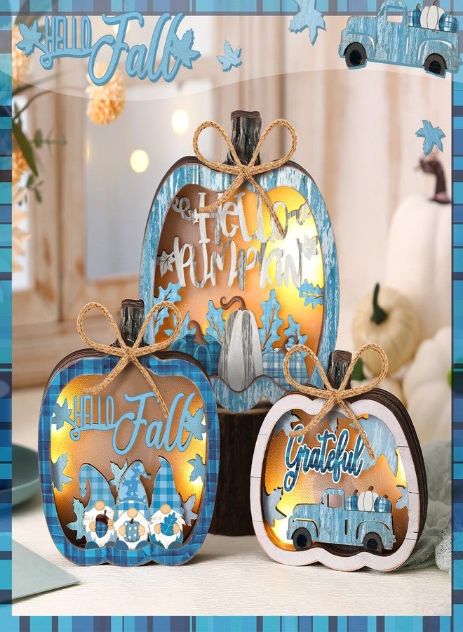 Tujoe 3 Pcs Thanksgiving Pumpkin Wooden Signs Light up Blue Pumpkin Centerpiece Tabletop Decor Fall Decorations for Home Thanksgiving Lights Tiered Tray Decor for Kitchen Harvest Party Supplies - Image 2